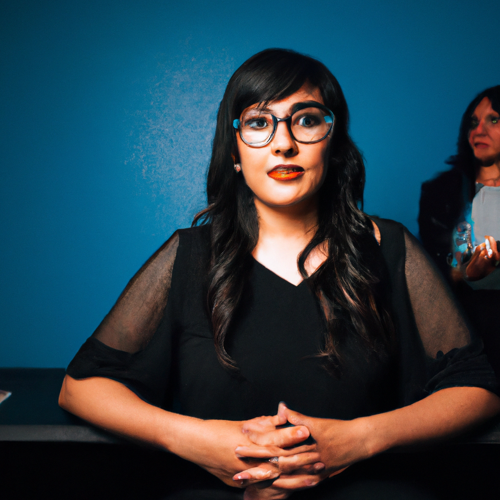 Retrato de Sofía Ramírez productora de TV en set con cámaras y luces profesionales